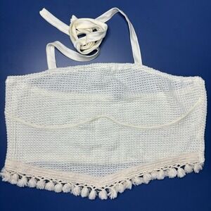 Women's Tube Top Size 3X Halter Knit Boho Peasant Romantic Cottage Pom Pom Beige